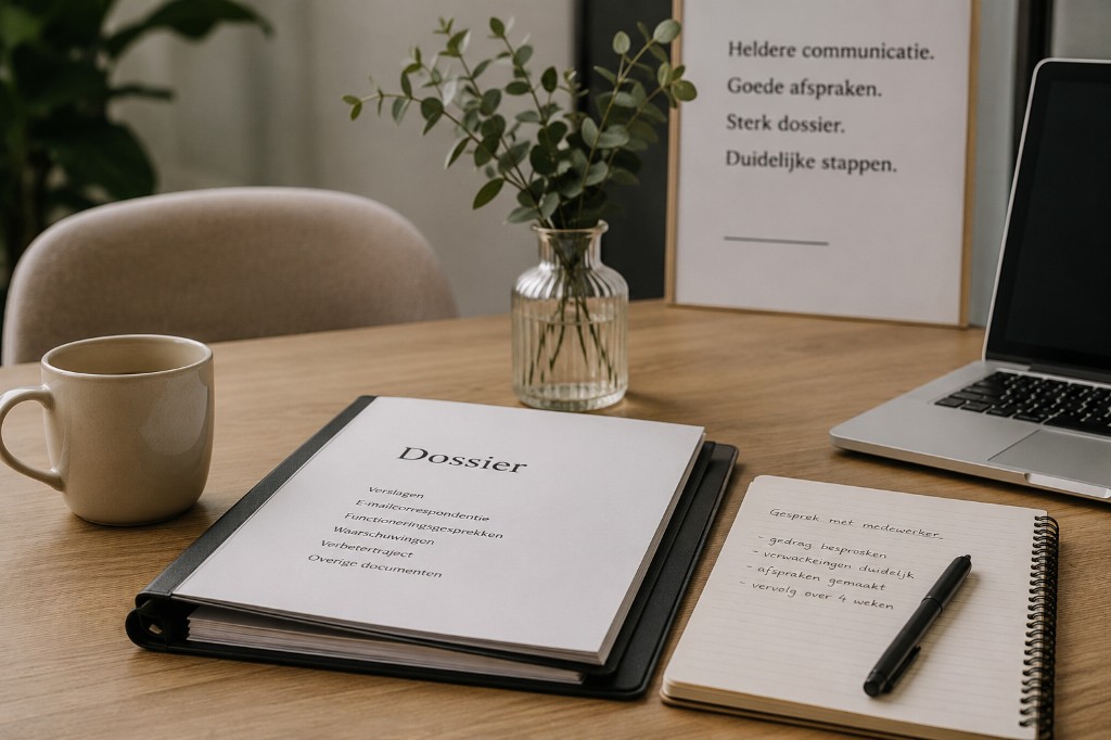 Bureau met een dossier, notitieboek en bord met de tekst: heldere communicatie, goede afspraken, sterk dossier