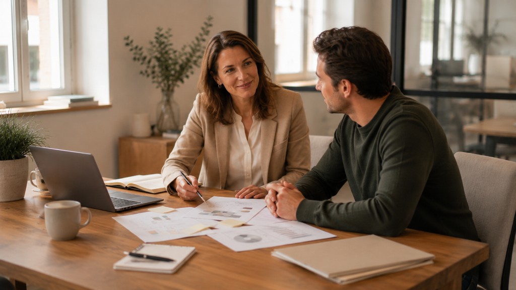 HR-consultant en ondernemer in gesprek over organisatiestructuur en groei aan een bureau met documenten